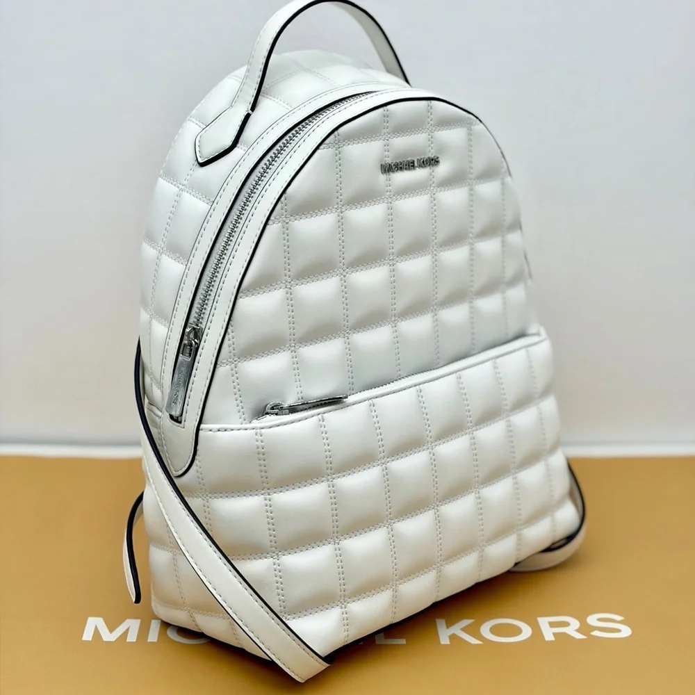 Michael Kors Sheila Quilted Medium Backpack with Top Handle Optic White